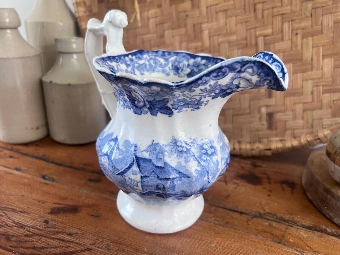photo buy Antique Minton Genovese Blue And White Pitcher With Dog Handle Rare 19th Century Staffordshire Transferware Jug With Flaws English Farmhouse