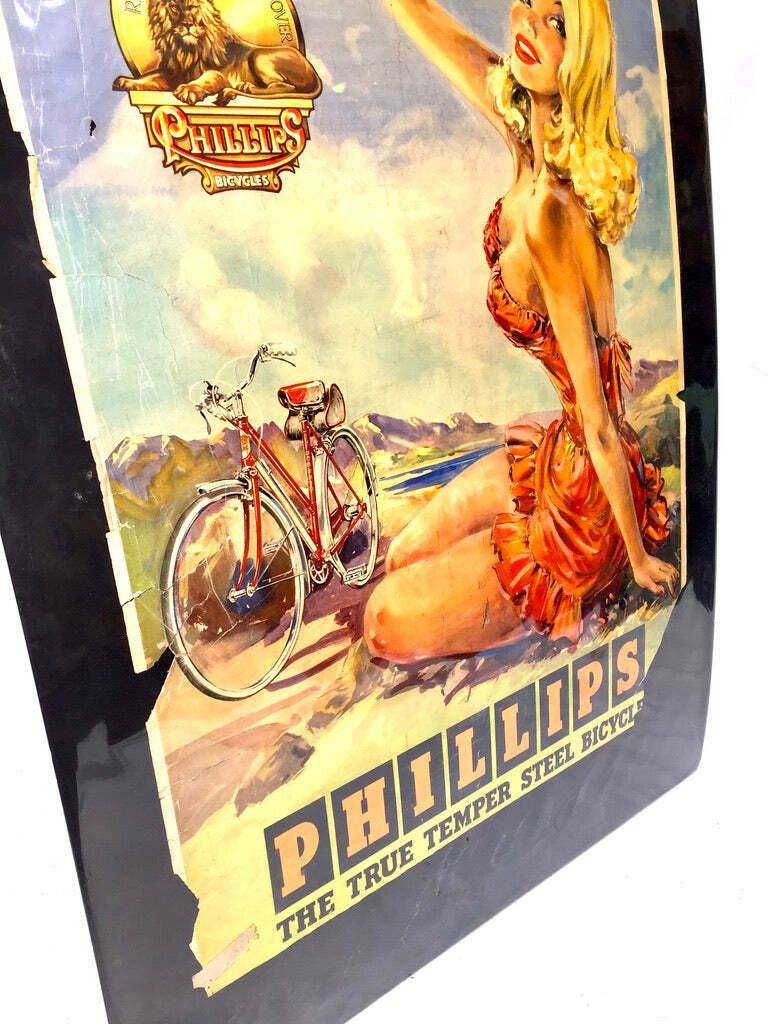 Art Antique Advertising   20th Century Phillips Cycles Promotional Poster Sign C1950. photo