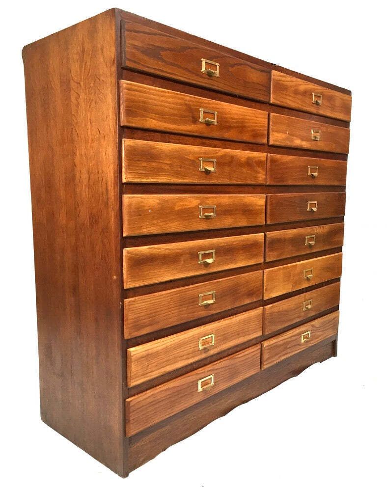 Antique Large Wooden Oak Office Double Filing Drawer Storage Cabinet Sideboard.