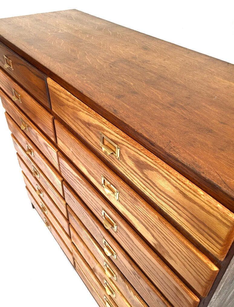 Antique Large Wooden Oak Office Double Filing Drawer Storage Cabinet Sideboard. photo Furniture