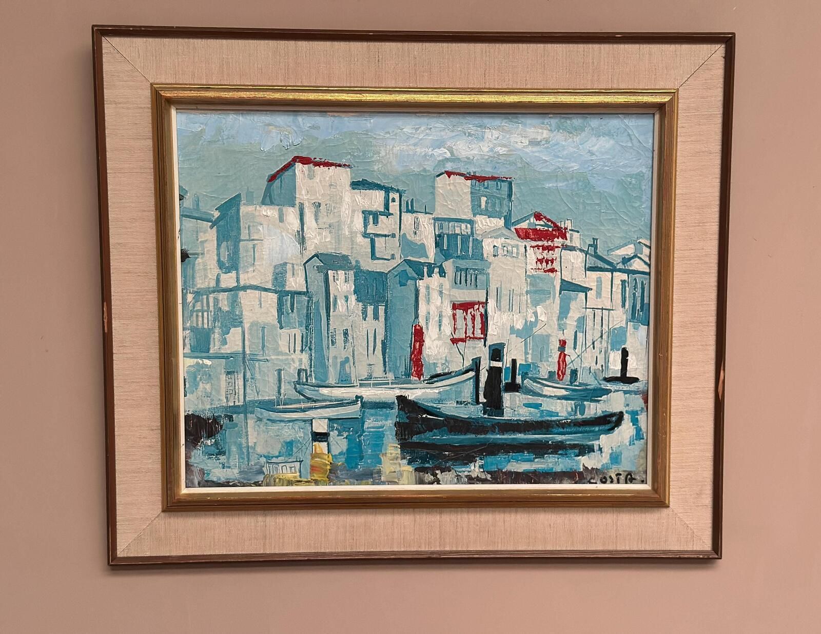 Art “Harbor Scene” By Costa Oil On Canvas Painting. photo