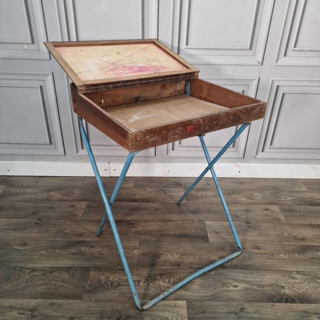 Vintage Folding School Desk Metal Frame Wooden Top Children's Writing Table photo vintage