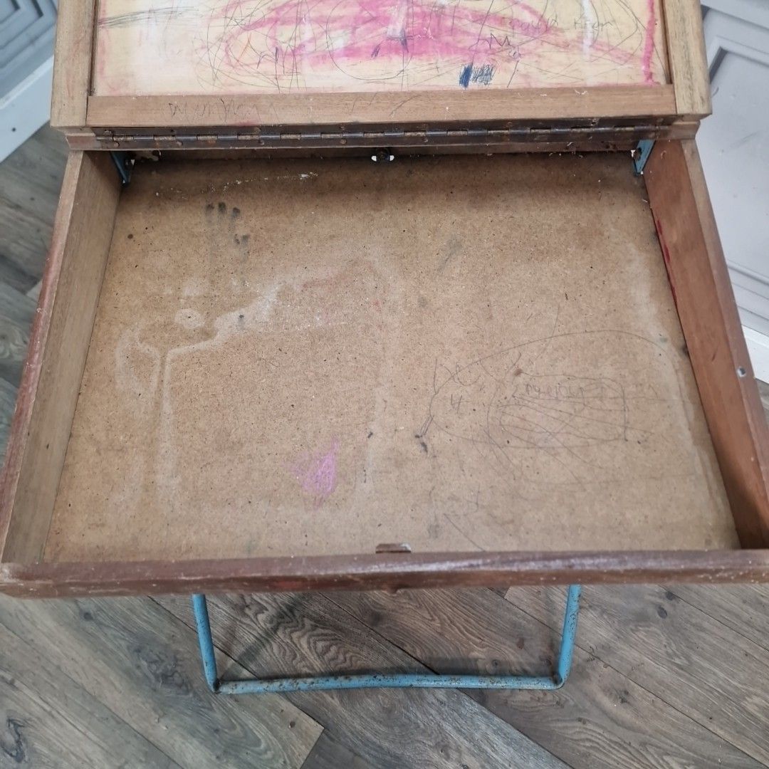 photo for sale Vintage Folding School Desk Metal Frame Wooden Top Children's Writing Table
