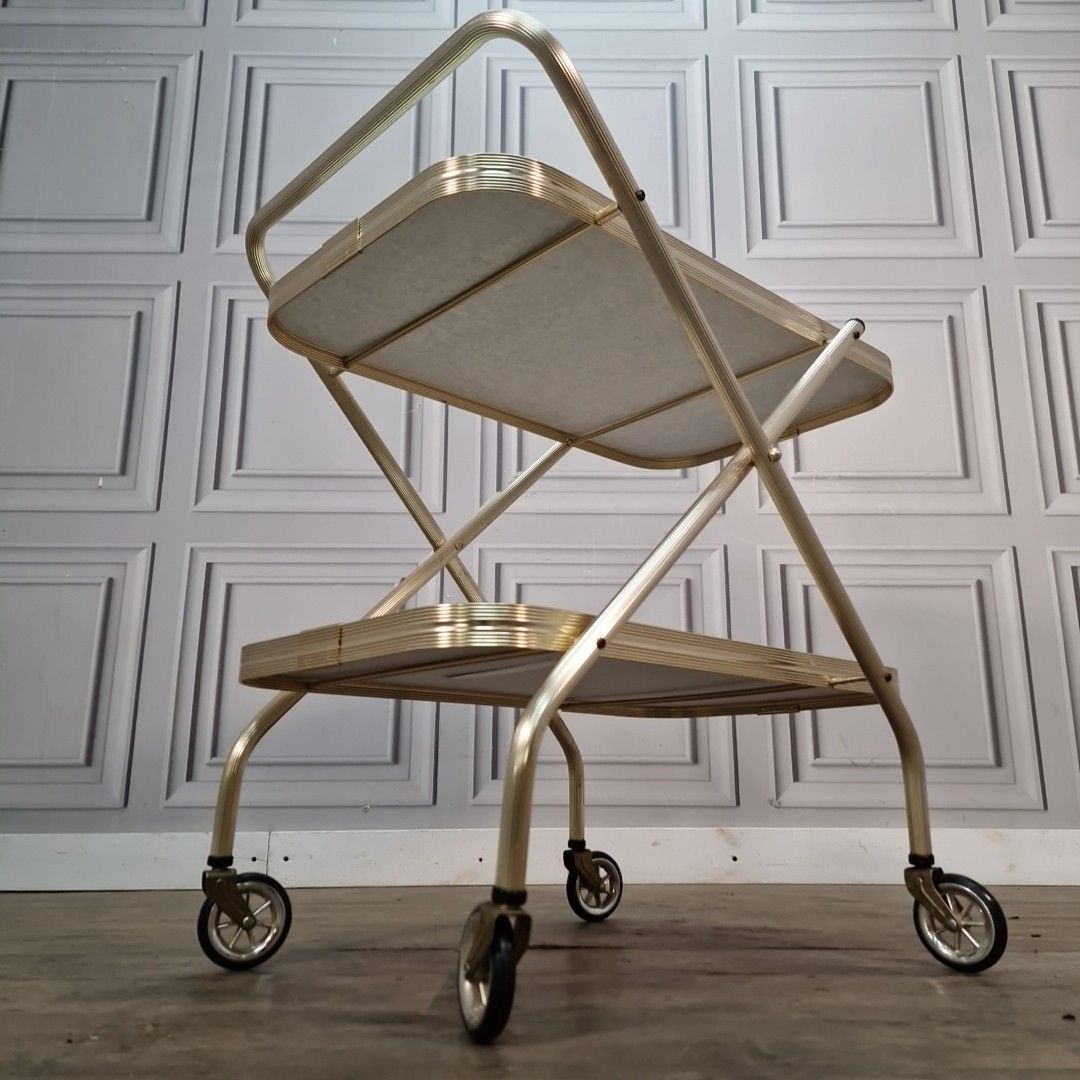 Vintage Drinks Tea Trolley Faux Marble Gold Metal Bar Cart Retro Mid Century photo for sale