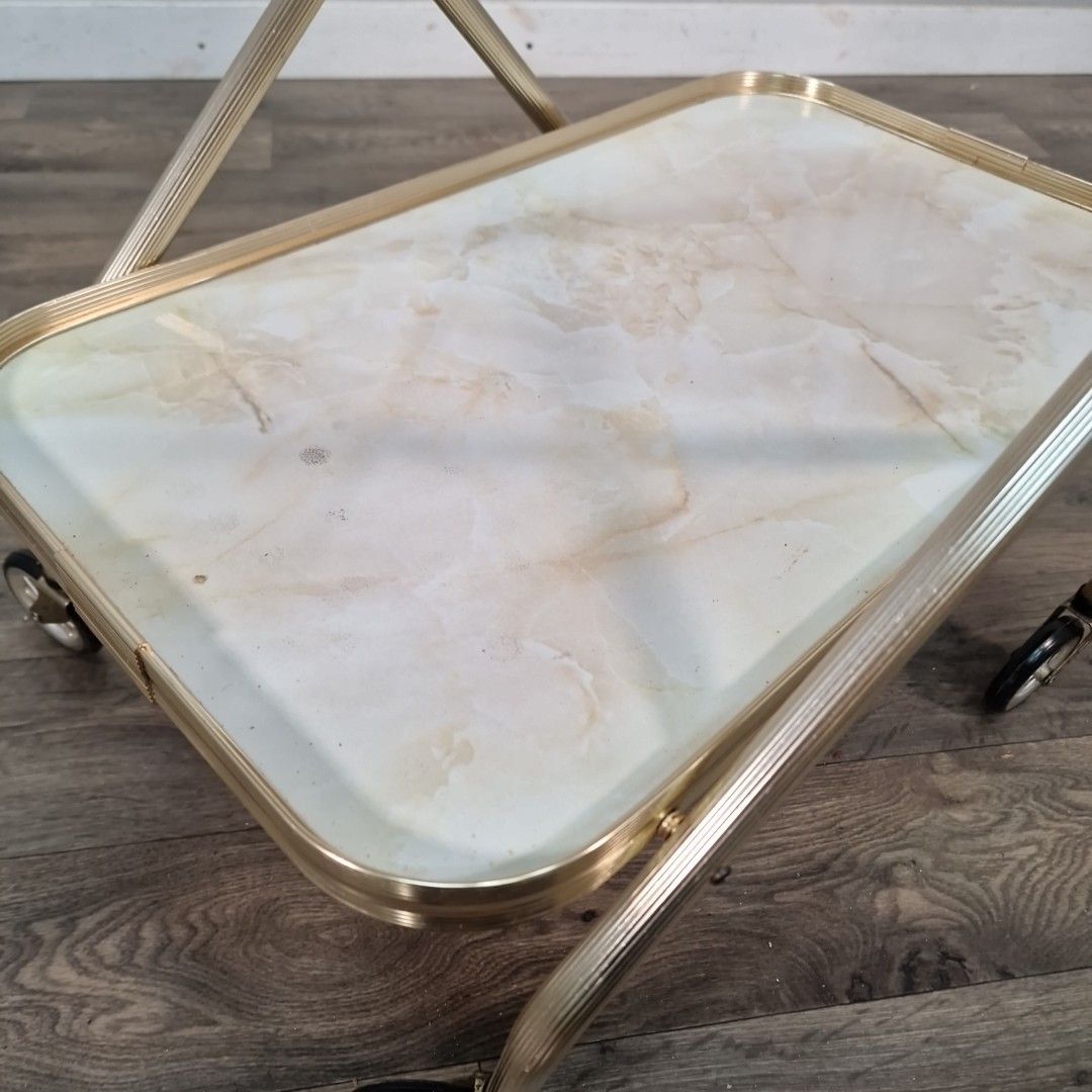 Vintage Drinks Tea Trolley Faux Marble Gold Metal Bar Cart Retro Mid Century photo vintage