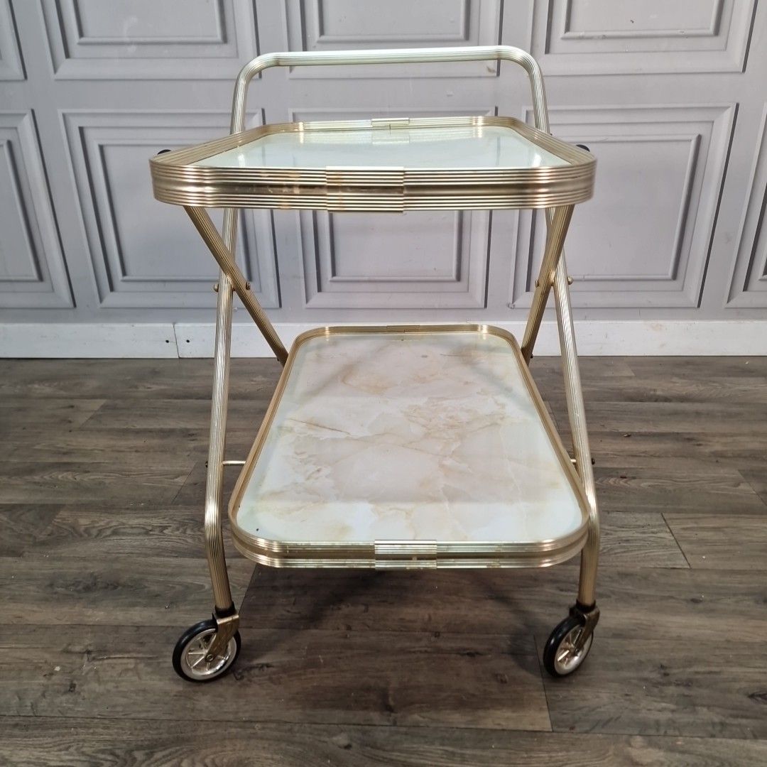 80.0 Vintage Drinks Tea Trolley Faux Marble Gold Metal Bar Cart Retro Mid Century photo