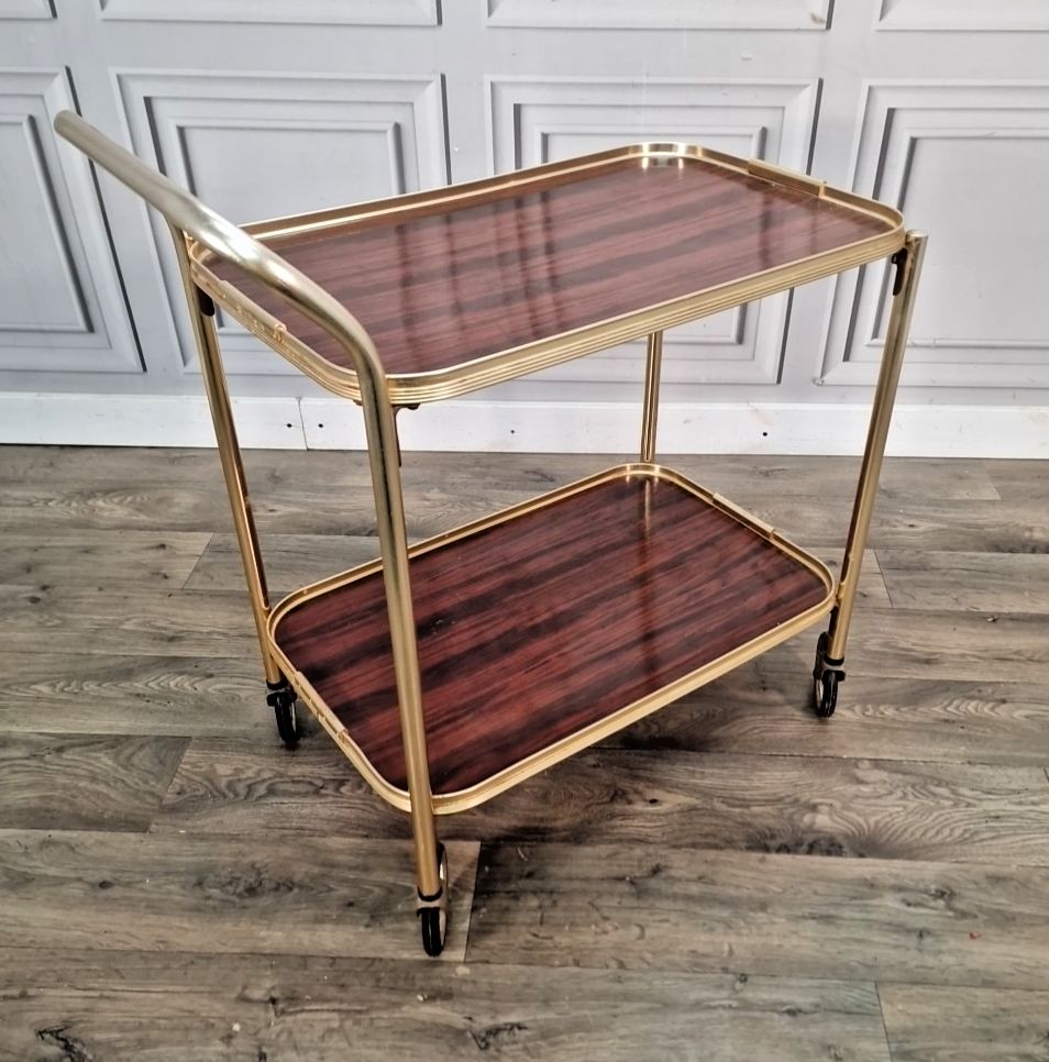 Vintage Drinks Tea Trolley Gold Metal Wood Effect Cocktail Cart Mid Century