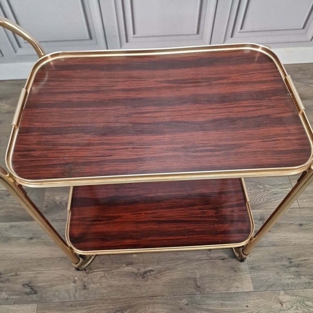 Vintage Drinks Tea Trolley Gold Metal Wood Effect Cocktail Cart Mid Century photo Furniture