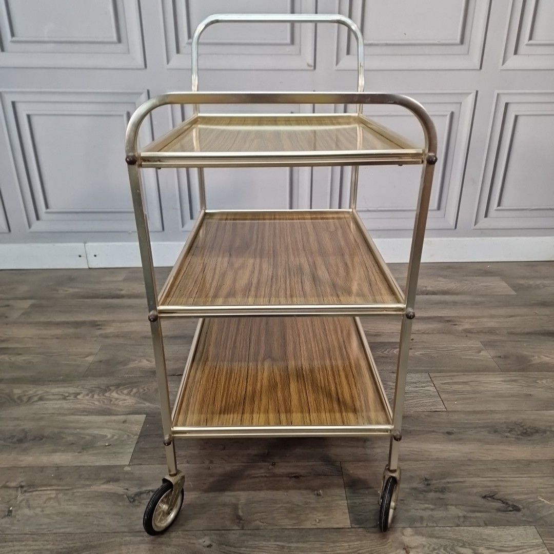 Furniture Vintage Drinks Tea Trolley Chrome Metal Wood Effect Three Tier Mid Century photo
