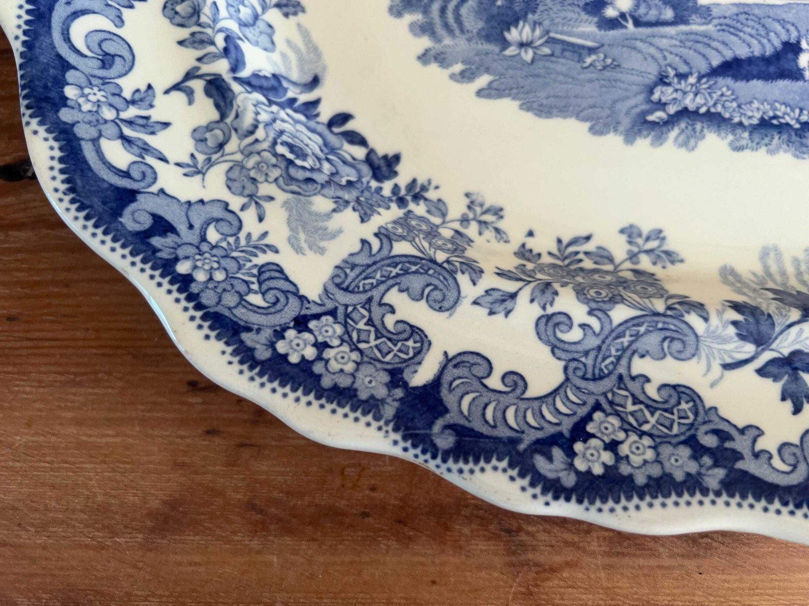 photo for sale Antique Copeland Spode "Rhine" Platter | Large Blue And White Transferware Serving Meat Dish, Double Date Stamped Farmhouse Kitchen Decor