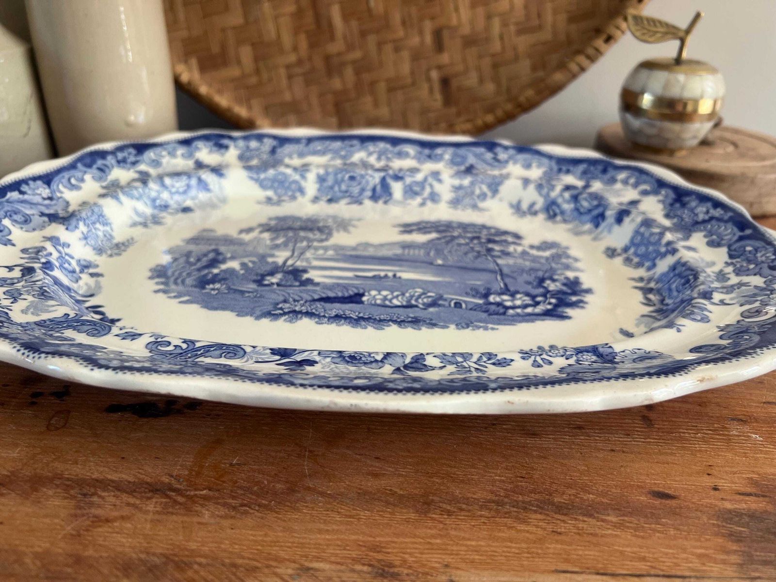 Home Decor Antique Copeland Spode "Rhine" Platter | Large Blue And White Transferware Serving Meat Dish, Double Date Stamped Farmhouse Kitchen Decor photo