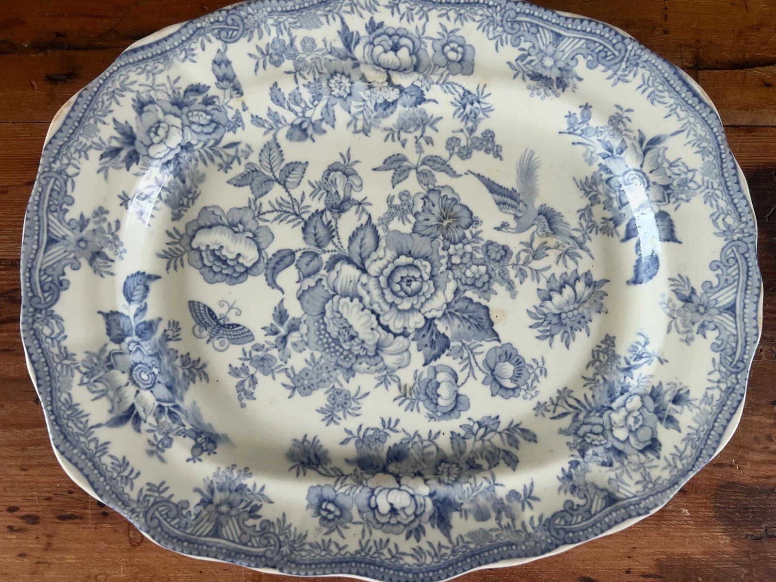 Antique Asiatic Pheasants Doulton Burslem Platter, Flow Blue Transferware Serving Plate, Victorian Chinoiserie Scallop Edge Oval Meat Dish photo for sale