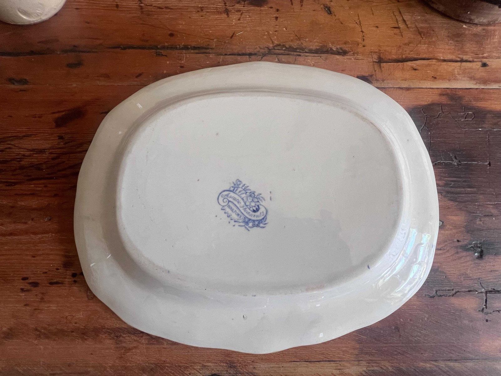 65.0 Antique Asiatic Pheasants Doulton Burslem Platter, Flow Blue Transferware Serving Plate, Victorian Chinoiserie Scallop Edge Oval Meat Dish photo