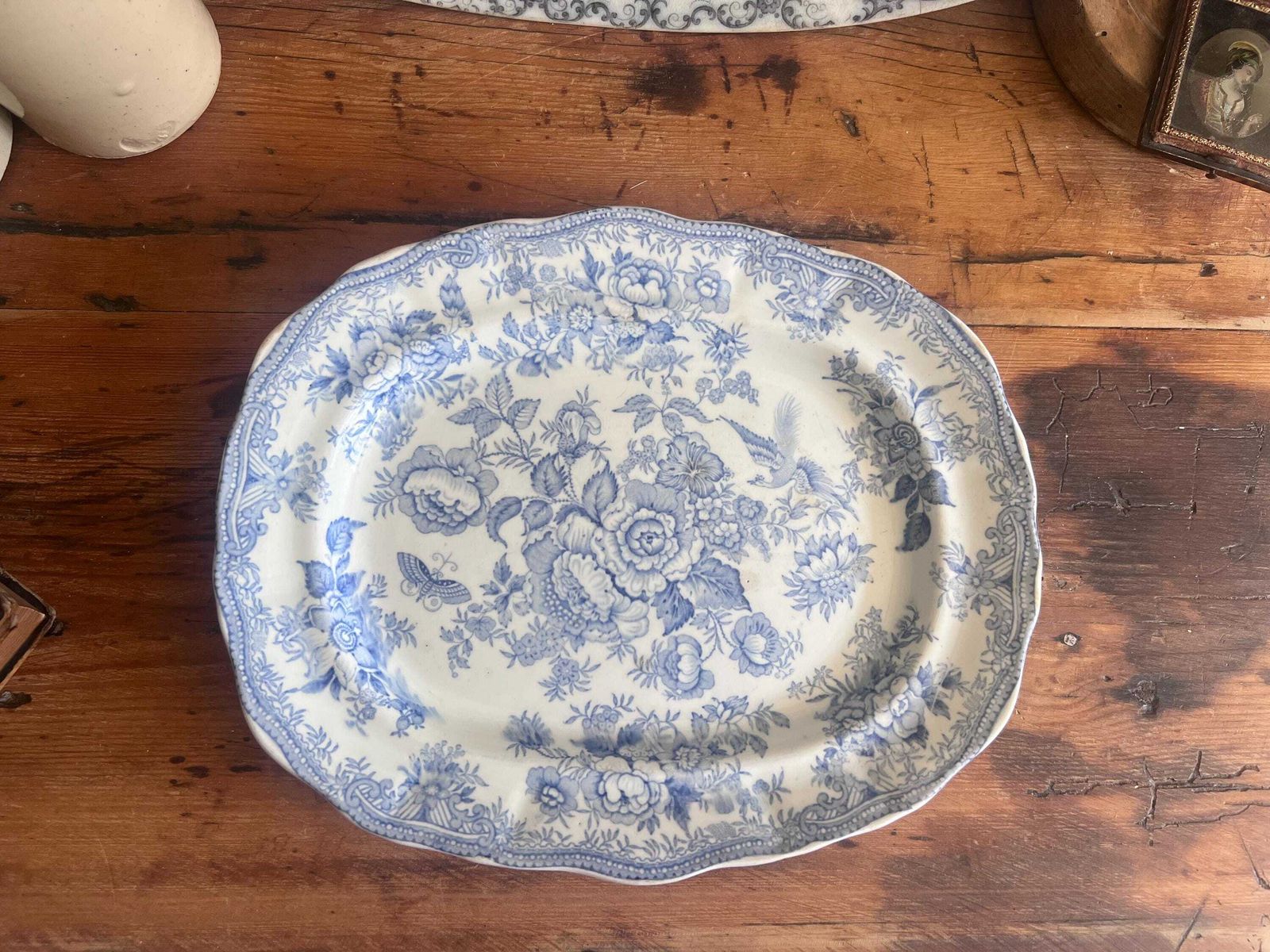 photo buy Antique Asiatic Pheasants Doulton Burslem Platter, Flow Blue Transferware Serving Plate, Victorian Chinoiserie Scallop Edge Oval Meat Dish