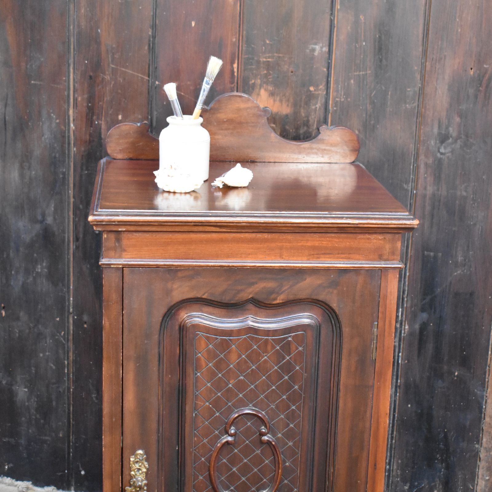 photo for sale Antique Mahogany Ornate Trellis Carved Nightstand Pot Cupboard Bedside Cabinet