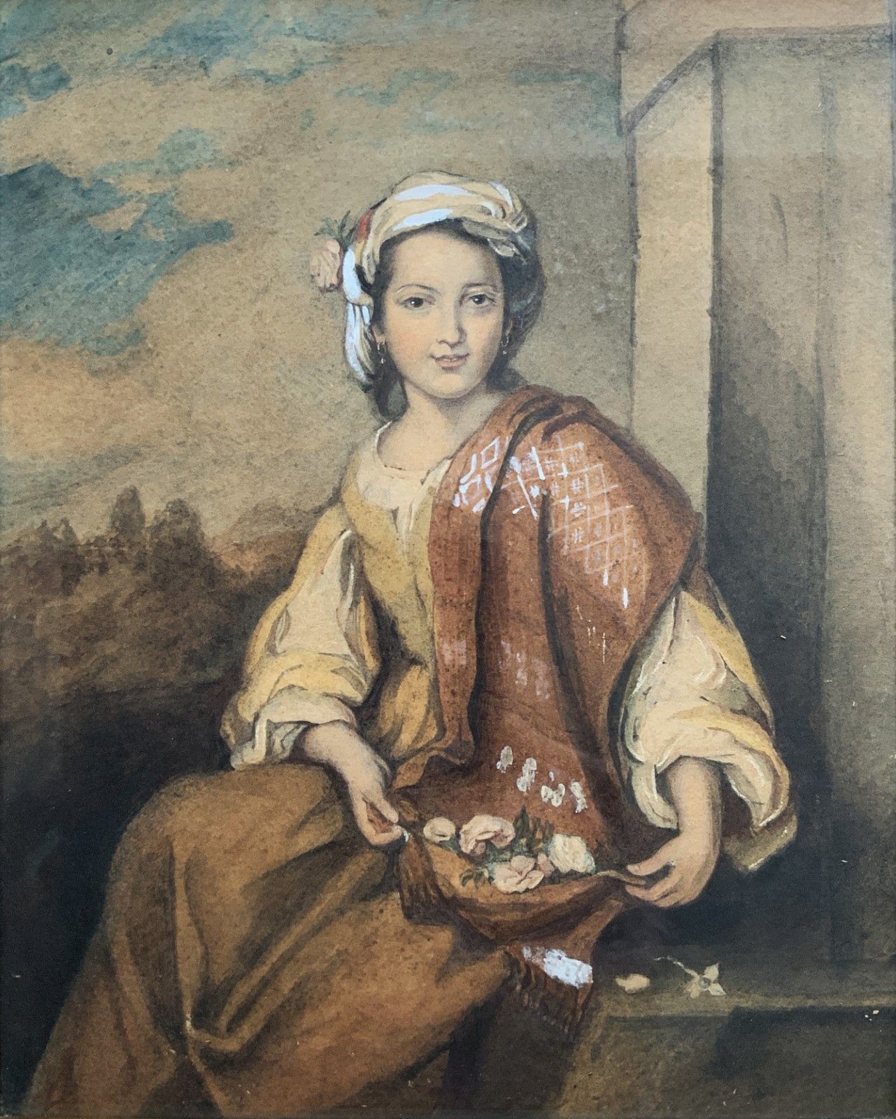 The Flower Girl Spanish Baroque Watercolour Portrait Painting 17th Century Style photo furniture