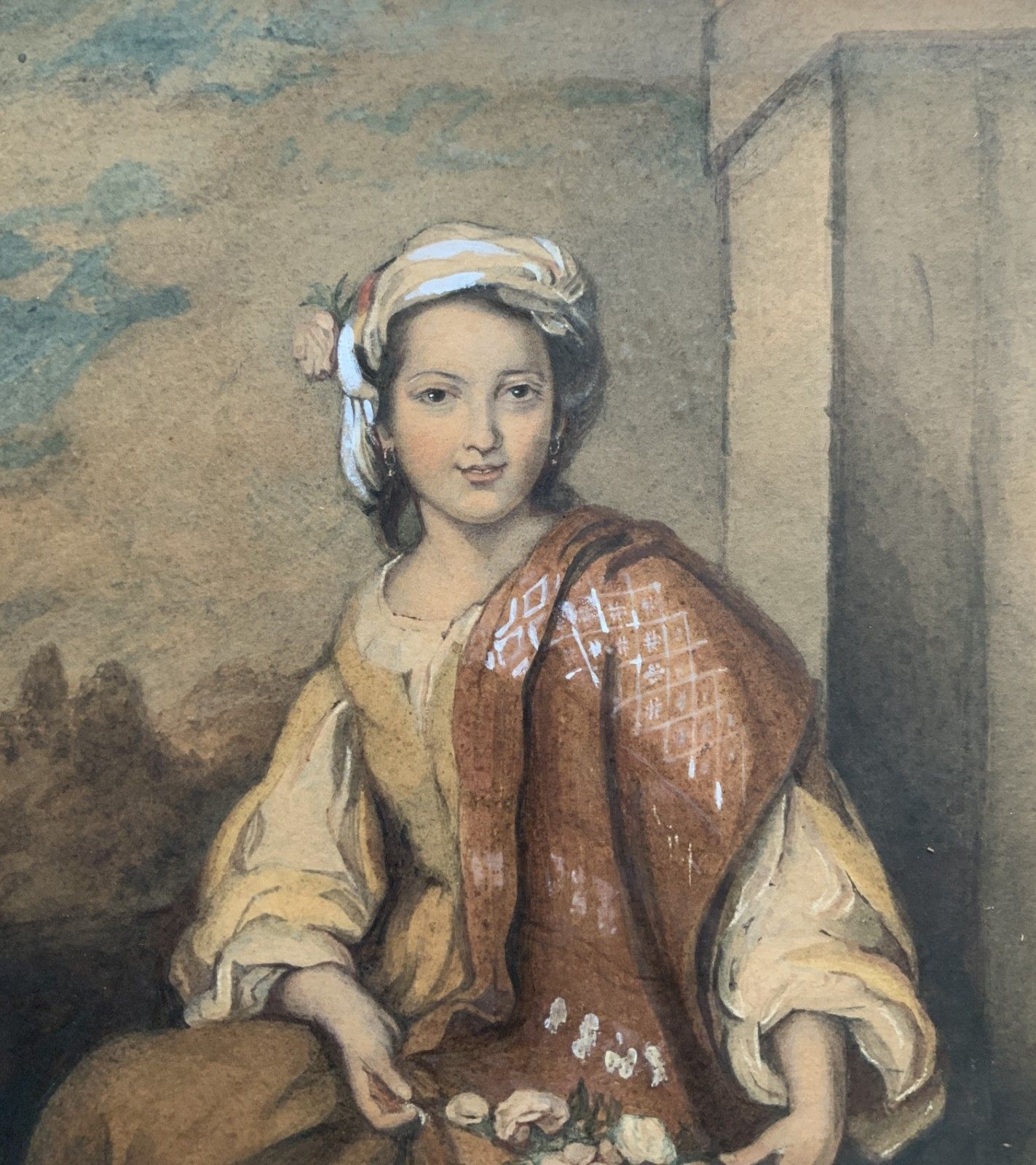 The Flower Girl Spanish Baroque Watercolour Portrait Painting 17th Century Style photo for sale