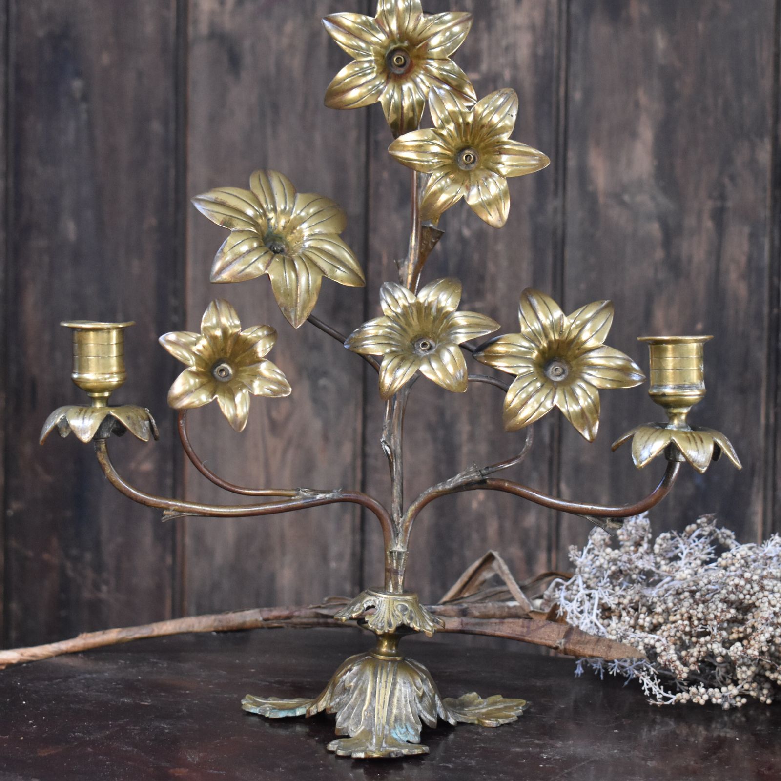 Antique 19th Century French Gilt Metal Tole Floral Three Arm Church Candelabra photo furniture