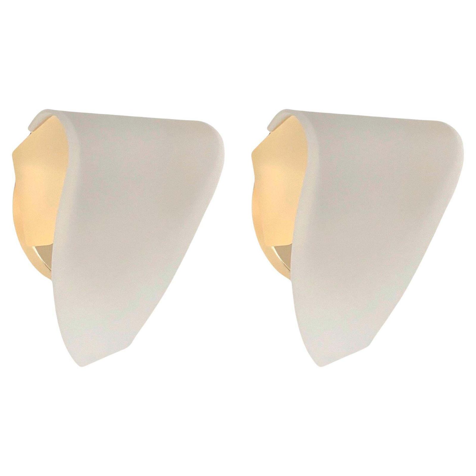 Postmodern White Glass Gold Pair Of Wall Sconces By Blauet, Barcelona, 1990s