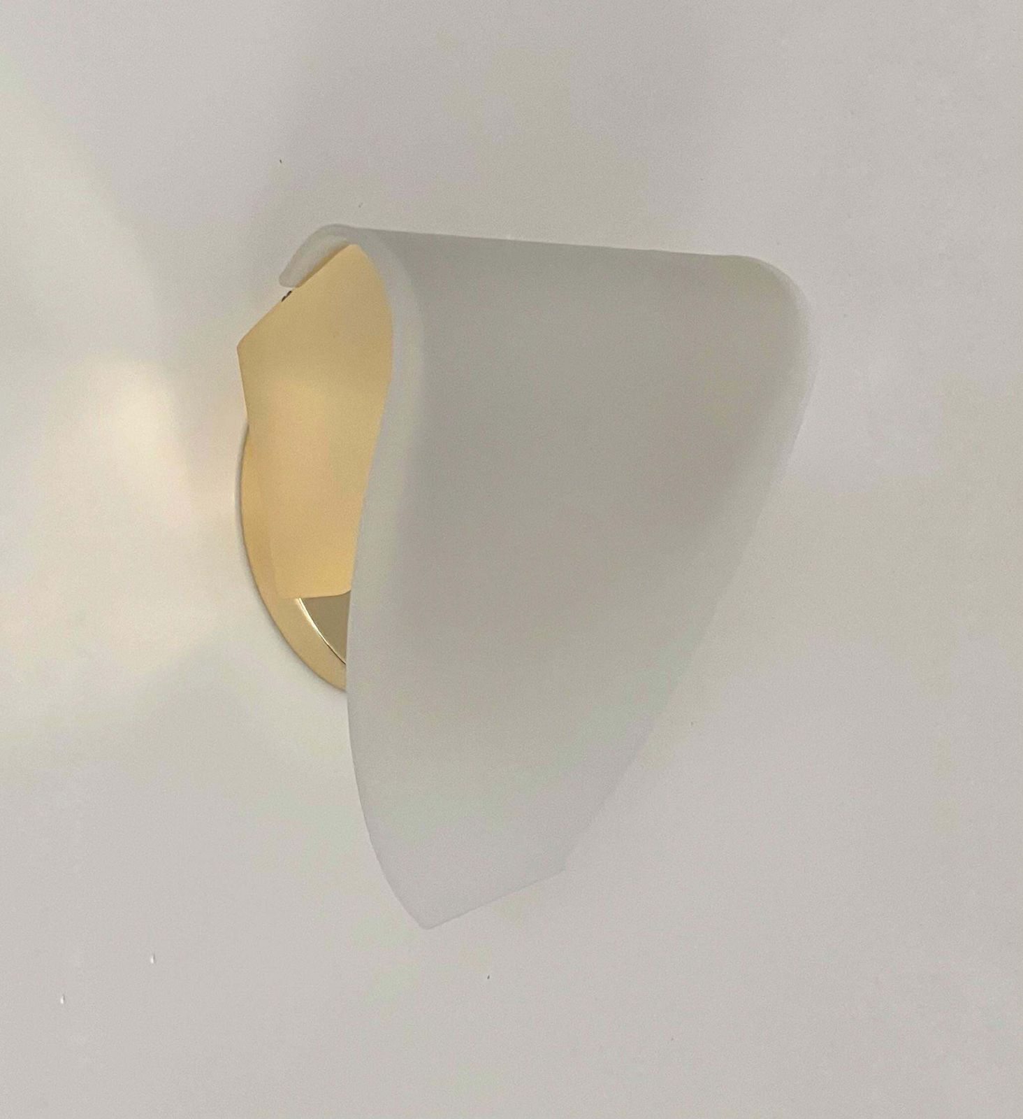 Postmodern White Glass Gold Pair Of Wall Sconces By Blauet, Barcelona, 1990s photo furniture