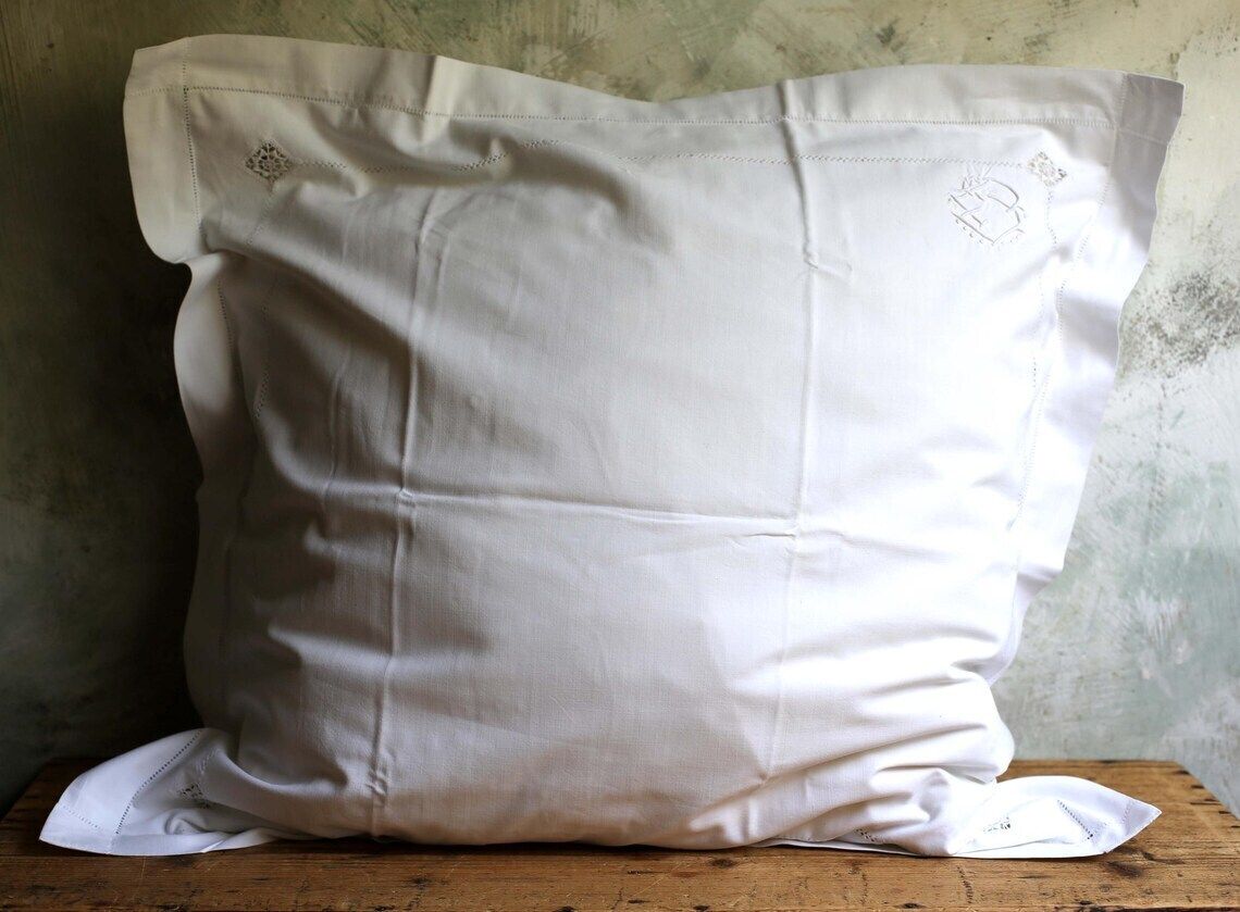 Large French Antique Pillowcase Square White Cotton Embroidered Cushion Cover photo vintage
