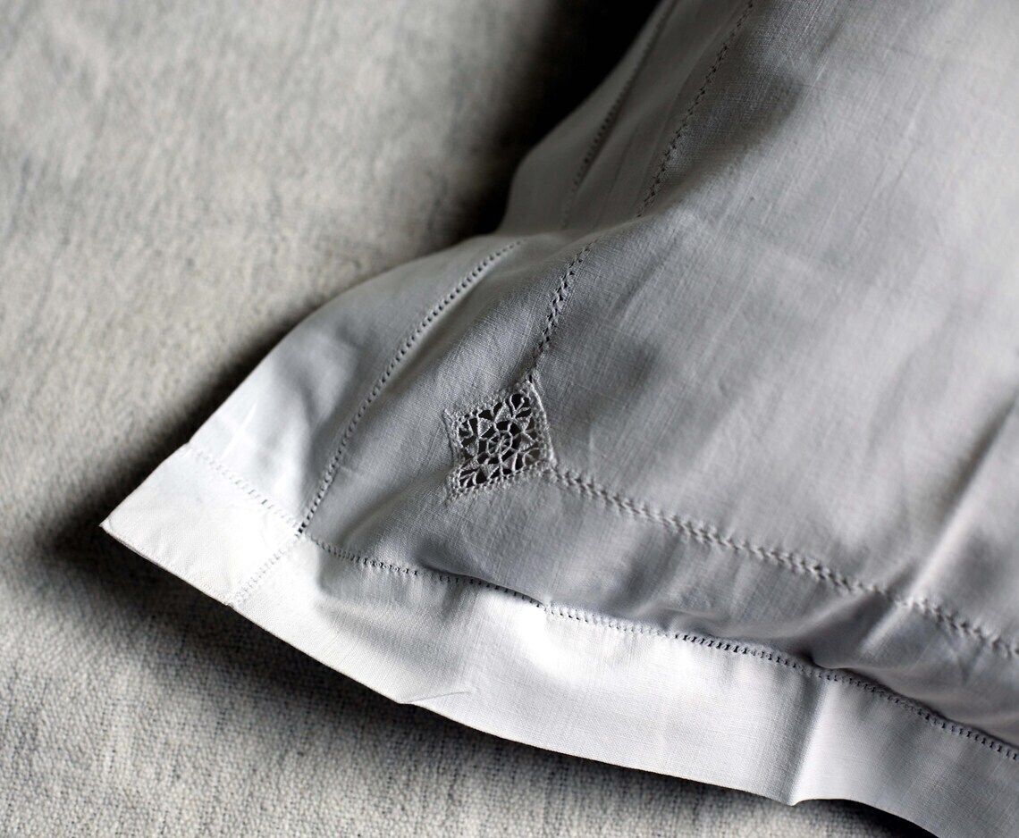 Textiles Large French Antique Pillowcase Square White Cotton Embroidered Cushion Cover photo