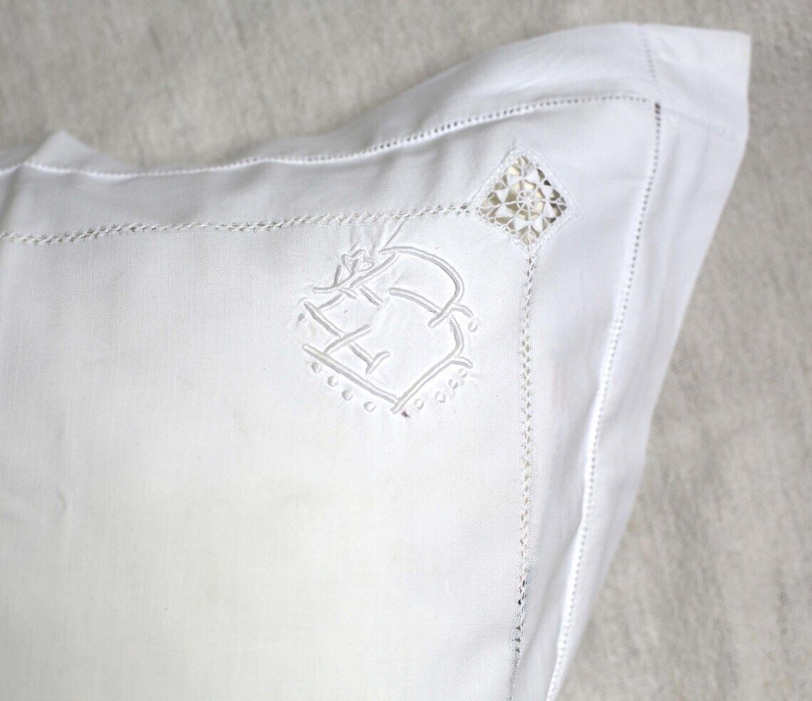 60.0 Large French Antique Pillowcase Square White Cotton Embroidered Cushion Cover photo