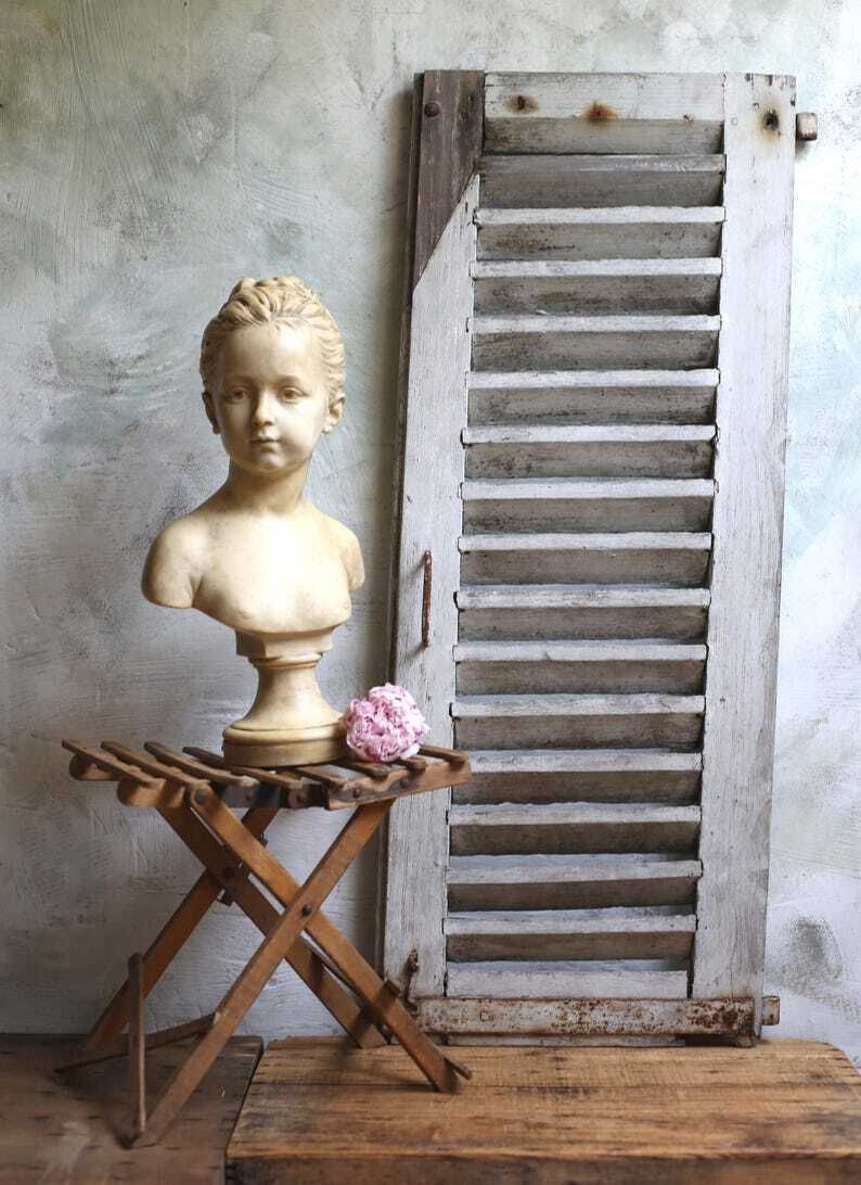 Antique French Wooden Louvres Shutter Old Distressed Door Rustic White Painted Slatted Tall Panel Architectural Salvage Backdrop