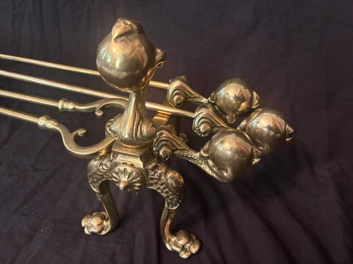 Antique Gilt Brass Fire Tool Set Ball & Claw Poker Tongs Shovel Chenets Or Dogs photo furniture