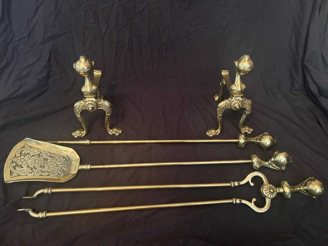 Antique Gilt Brass Fire Tool Set Ball & Claw Poker Tongs Shovel Chenets Or Dogs photo for sale