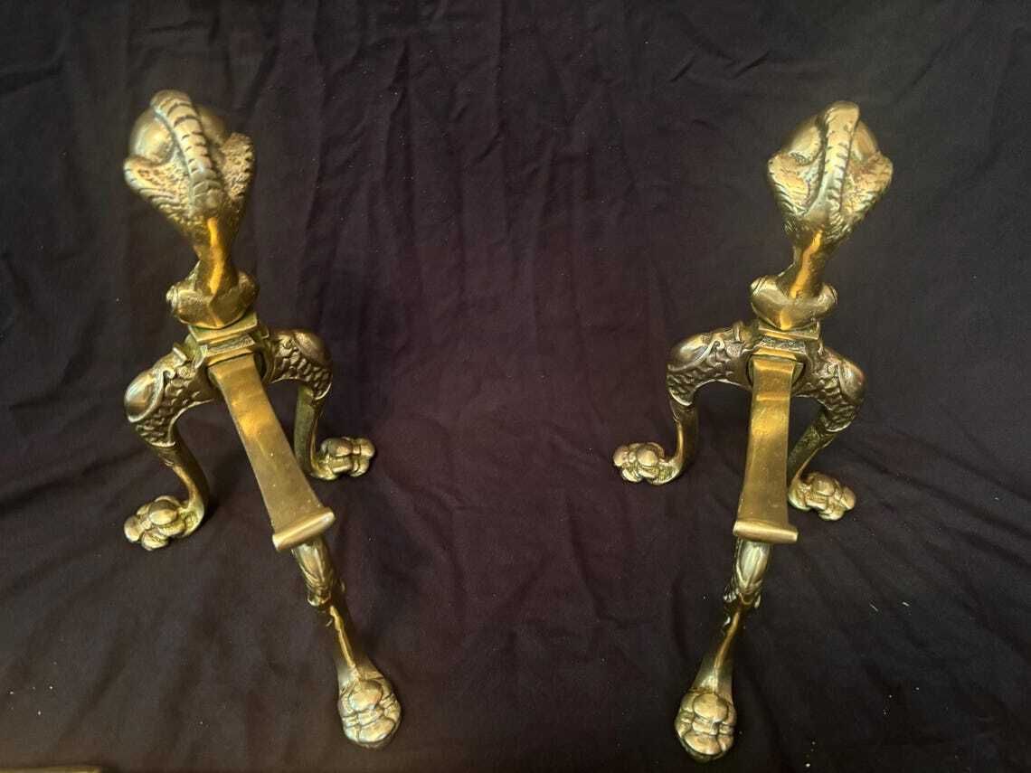 Antique Gilt Brass Fire Tool Set Ball & Claw Poker Tongs Shovel Chenets Or Dogs photo Home Fixtures