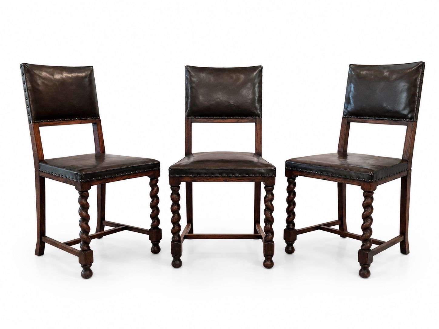 Antique Leather And Oak Studded Back Chairs, 1890s, Set Of 3
