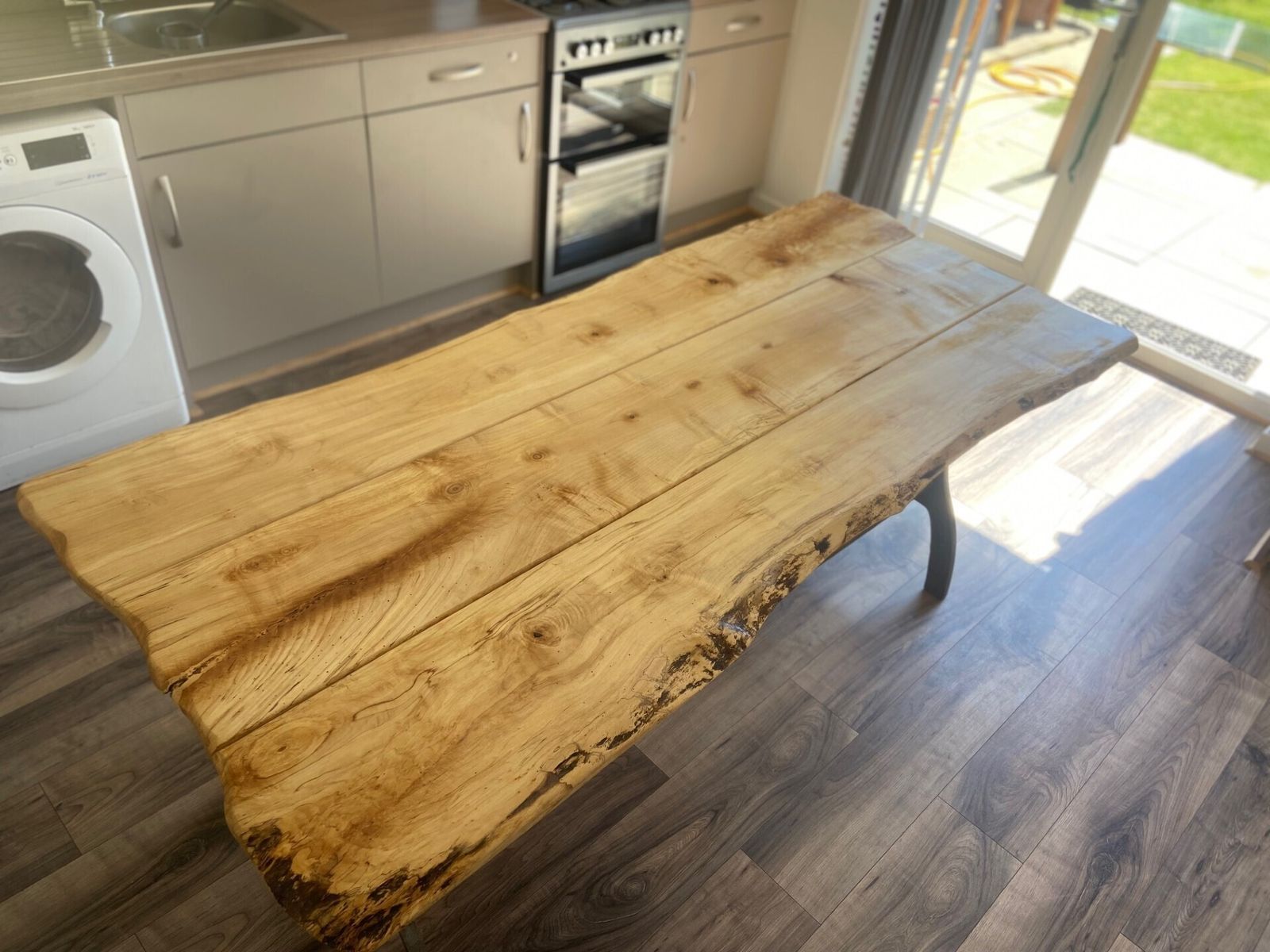 Live Edge Sycamore Plank Top Refectory Table With Cast Iron Legs photo for sale