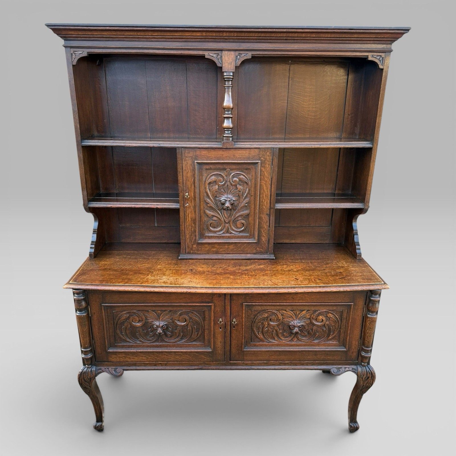Antique Late Victorian Oak Bowfront Dresser Green Man Carvings Cabriole Legs