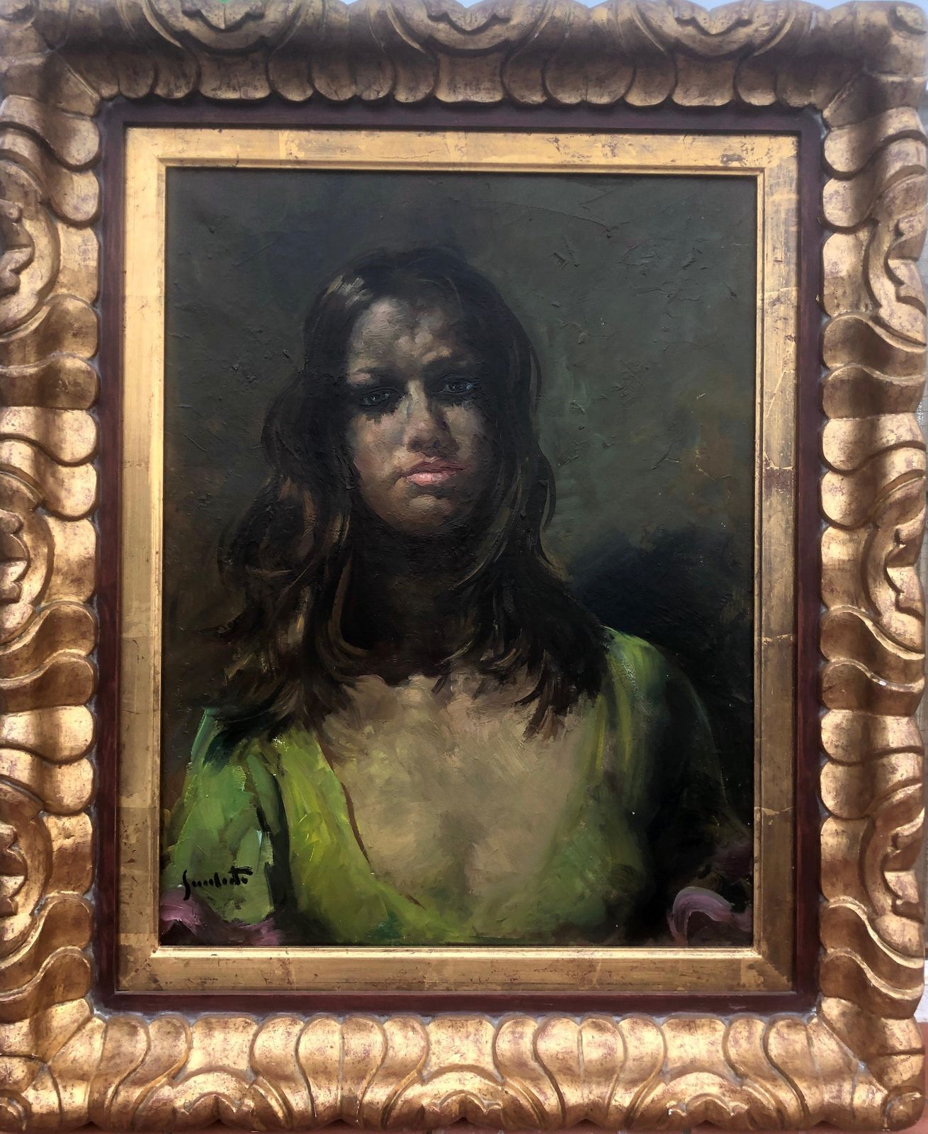 Josep Serrasanta Mediterranean Expressionist Female Portrait Oil Painting Moody Spanish Art C.1980 photo furniture