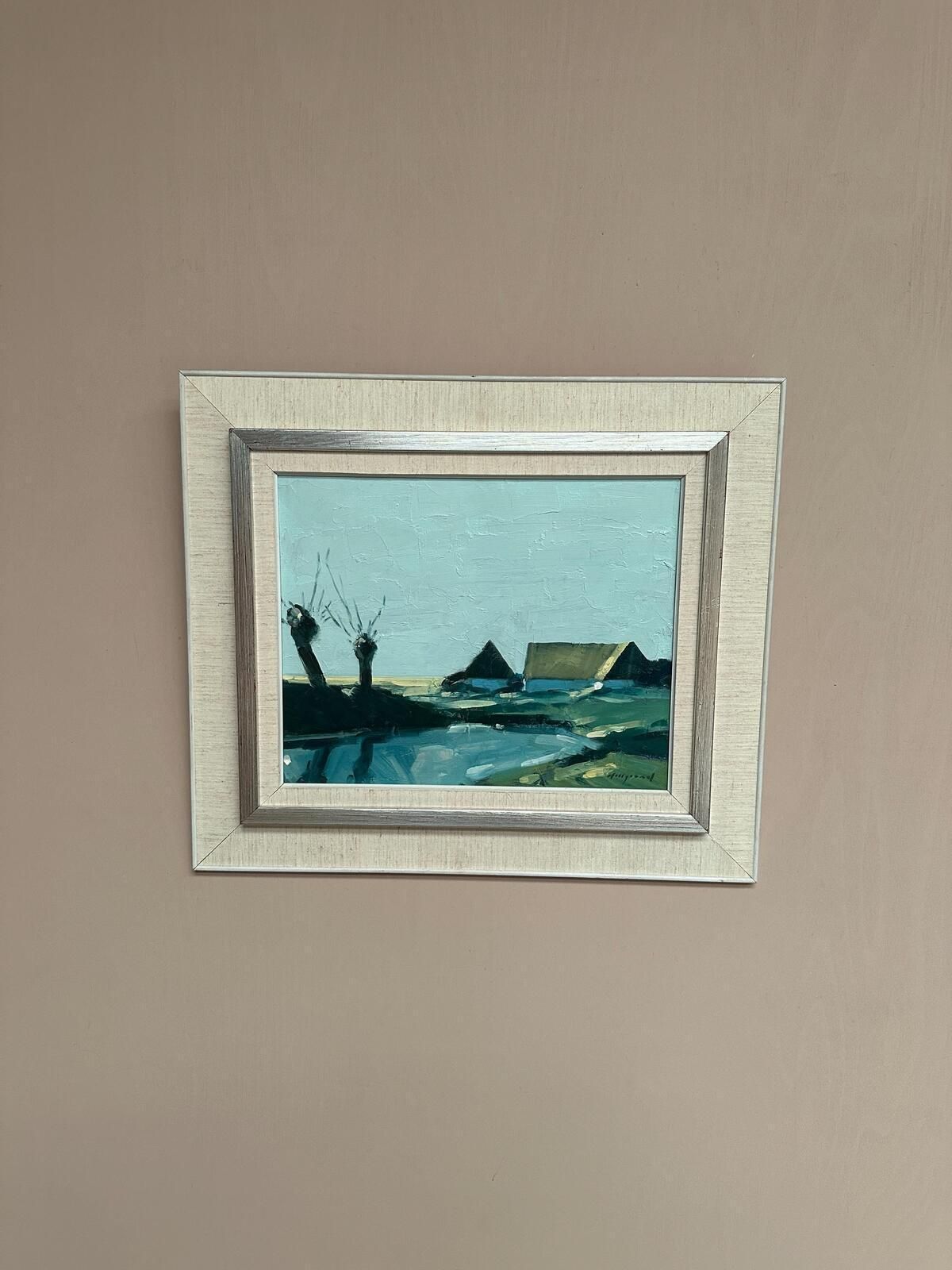 445.0 Original Swedish Oil On Canvas – “Farm By The Lake” By Bengt Hillgrund – Vintage & Framed – 58 × 51 Cm (22.8" × 20.1") photo