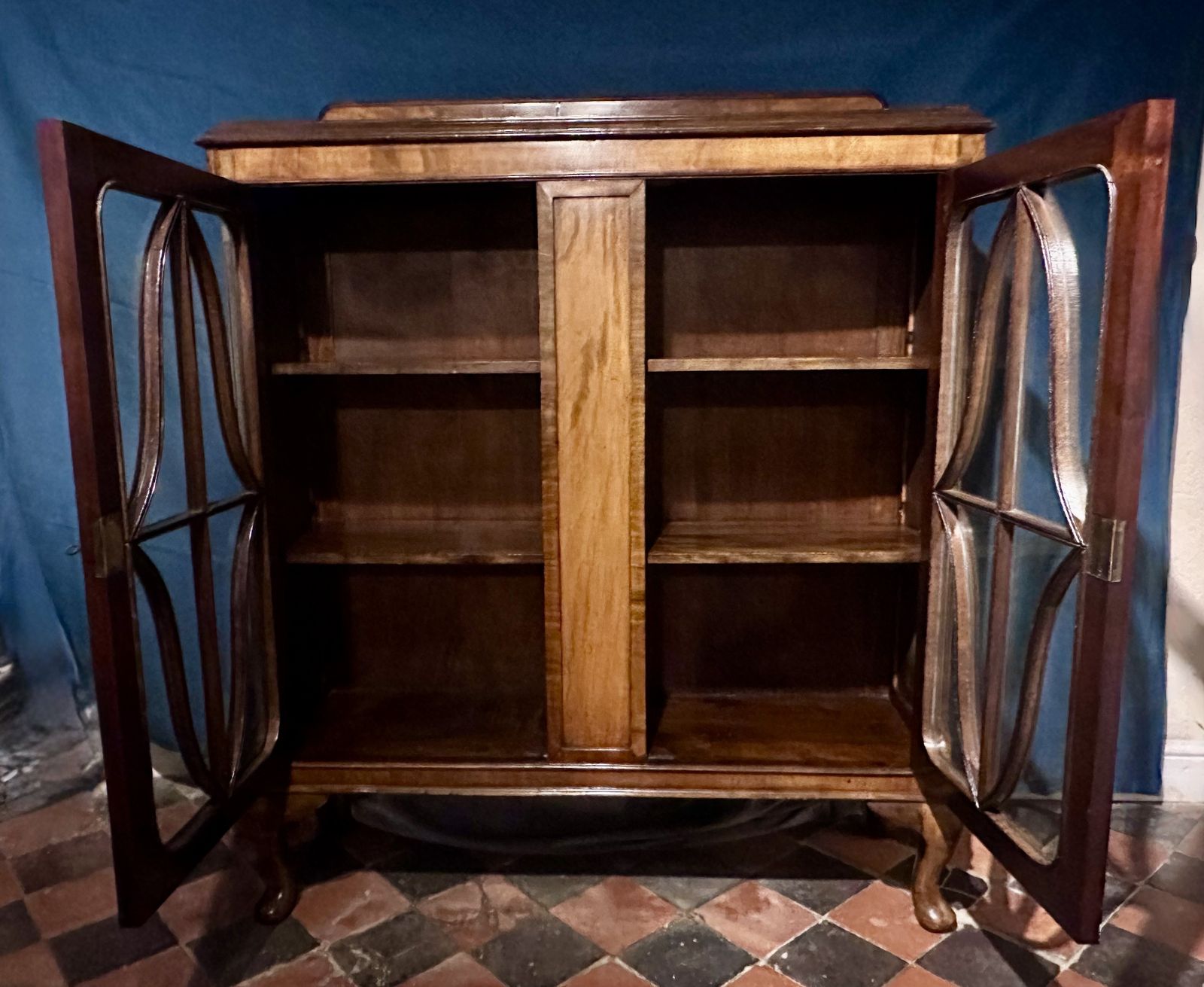Antique Wooden Display Cabinet With Glass Doors And Decorative Mullions photo vinterior
