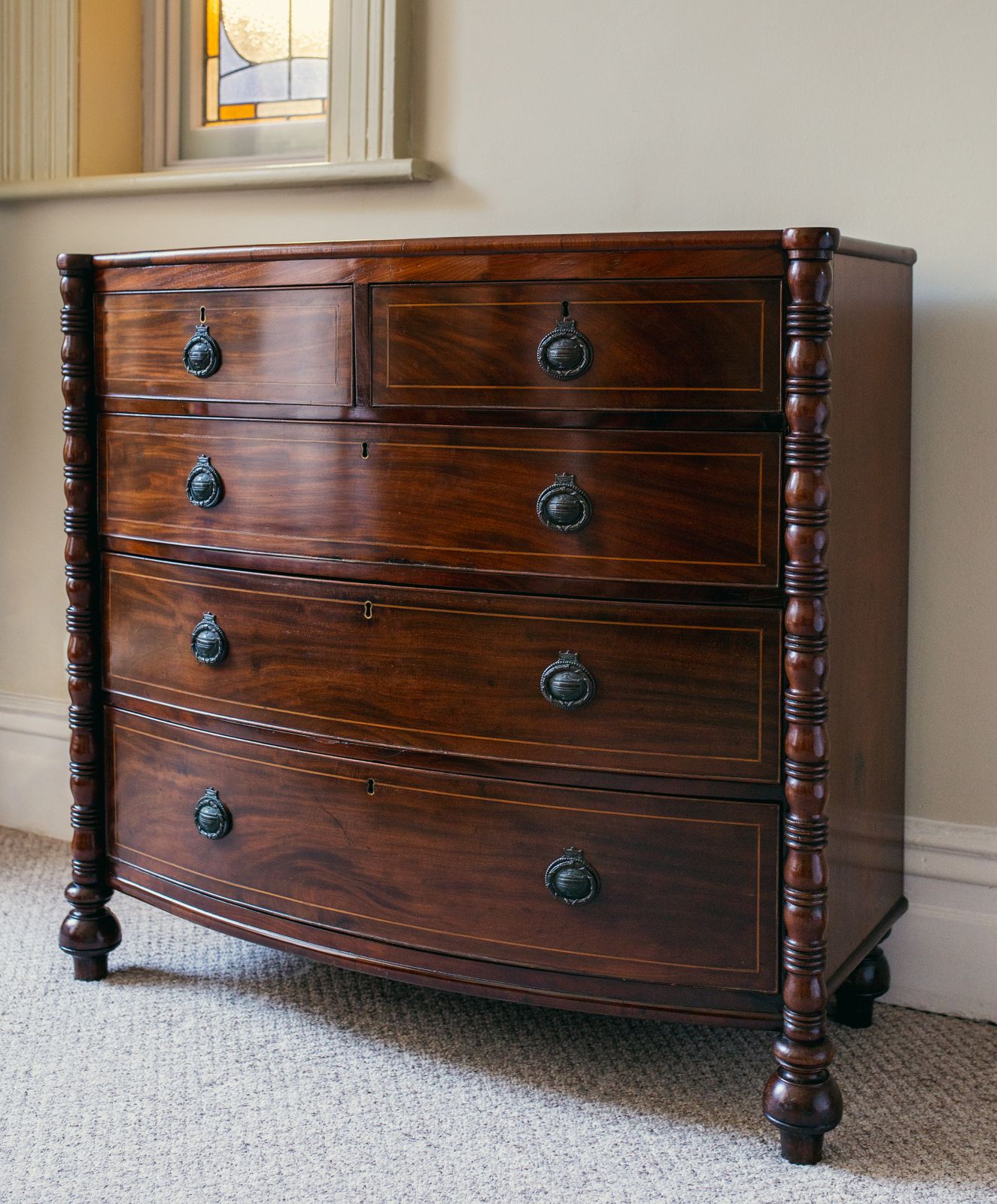 Mahogany Bow Front Chest Of Drawers By Jas Shoolbred & Co photo for sale