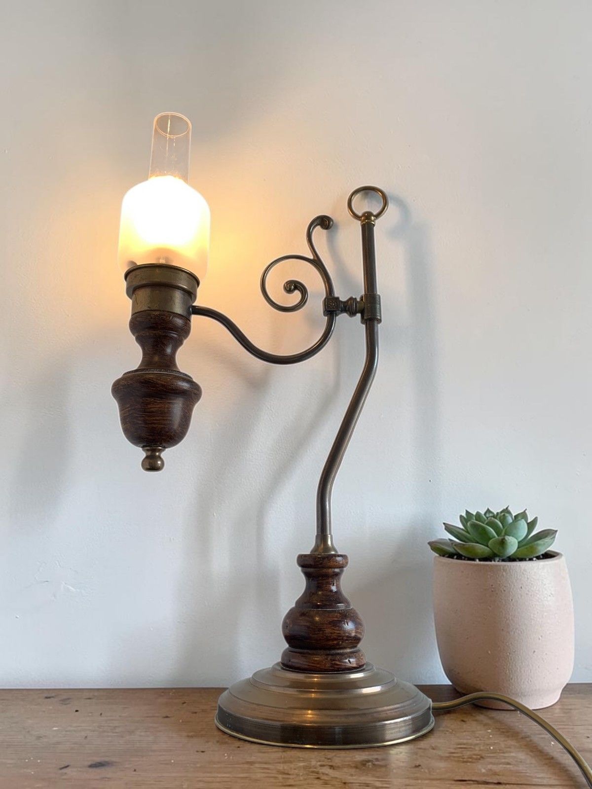Vintage Art Nouveau "Student" Style Brass & Wood Table Lamp With Glass Shade photo 185.0