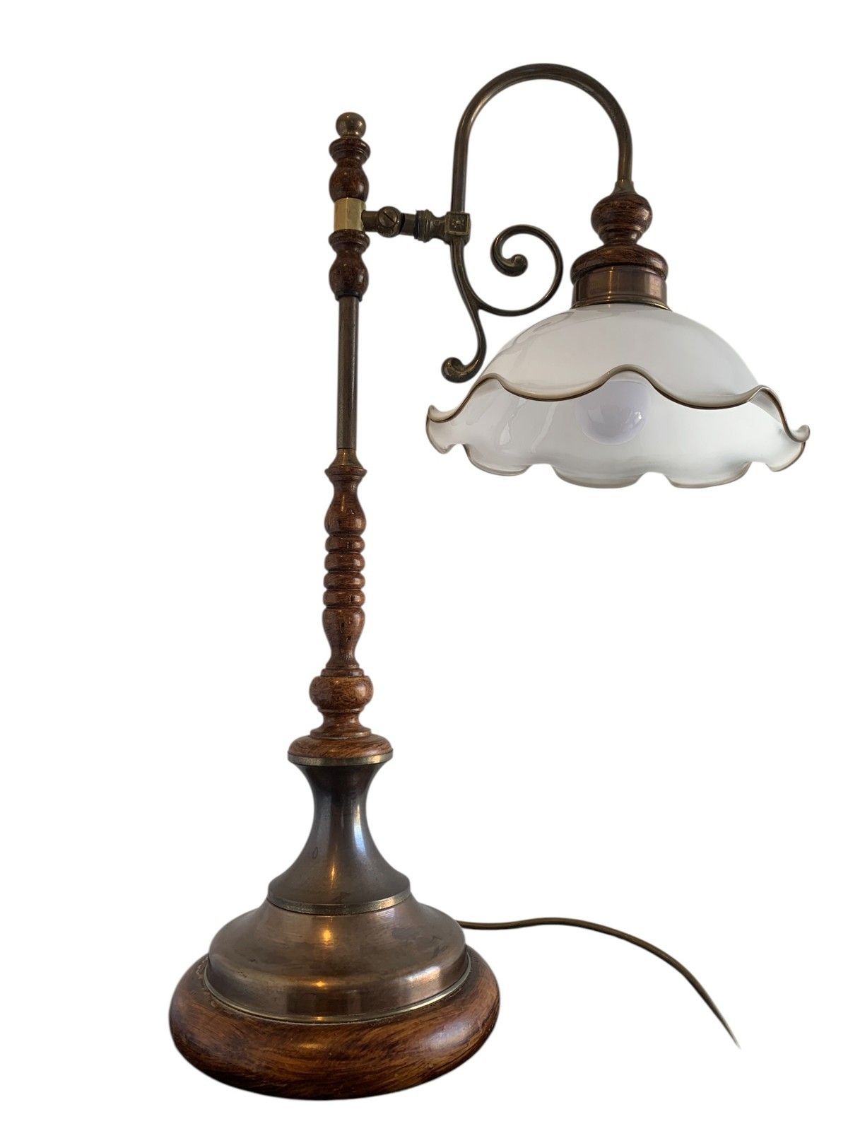 Vintage Art Nouveau Style Brass & Turned Wood Table Lamp With Glass Shade photo 185.0