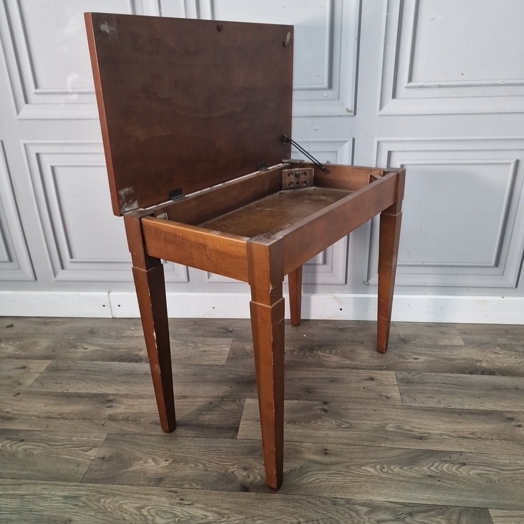 Vintage Sewing Stool Coffee Table Wooden Lift Top Piano Music Tapered Legs photo vintage