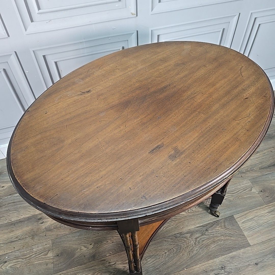photo vintage Antique Mahogany Occasional Table – Faux Bamboo Aesthetic Wood Pierced Fretwork