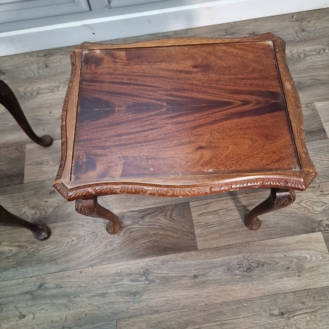 photo furniture Pair Antique Style Tables Carved Wooden Side Bedside Cabriole Legs Glass Tops