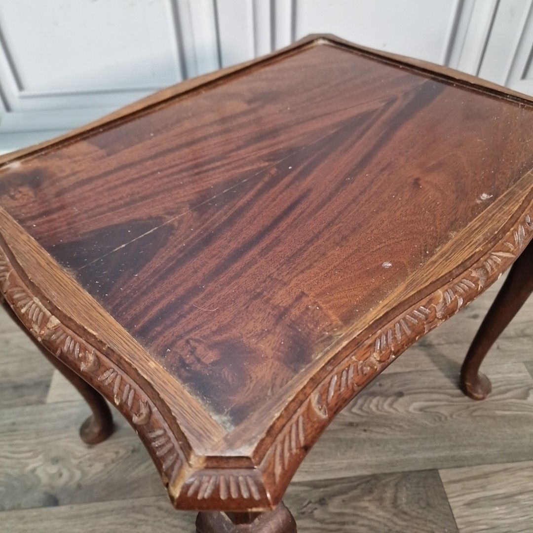 Furniture Pair Antique Style Tables Carved Wooden Side Bedside Cabriole Legs Glass Tops photo