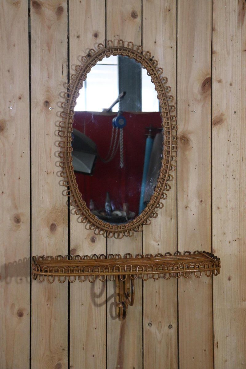 Mirror With Rattan Side Table In The Style Of Franco Albini, 1950, Set Of 2
