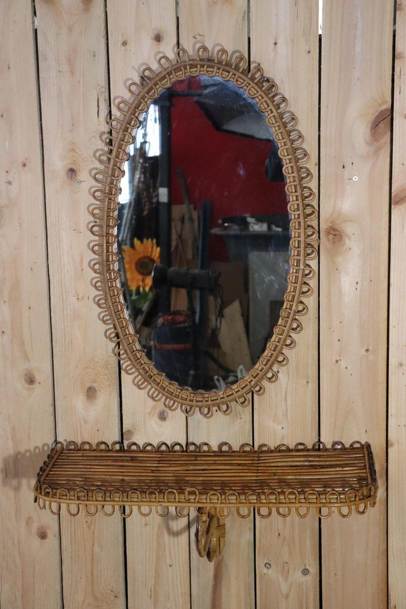Mirror With Rattan Side Table In The Style Of Franco Albini, 1950, Set Of 2 photo furniture