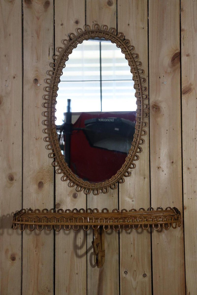 Mirror With Rattan Side Table In The Style Of Franco Albini, 1950, Set Of 2 photo for sale
