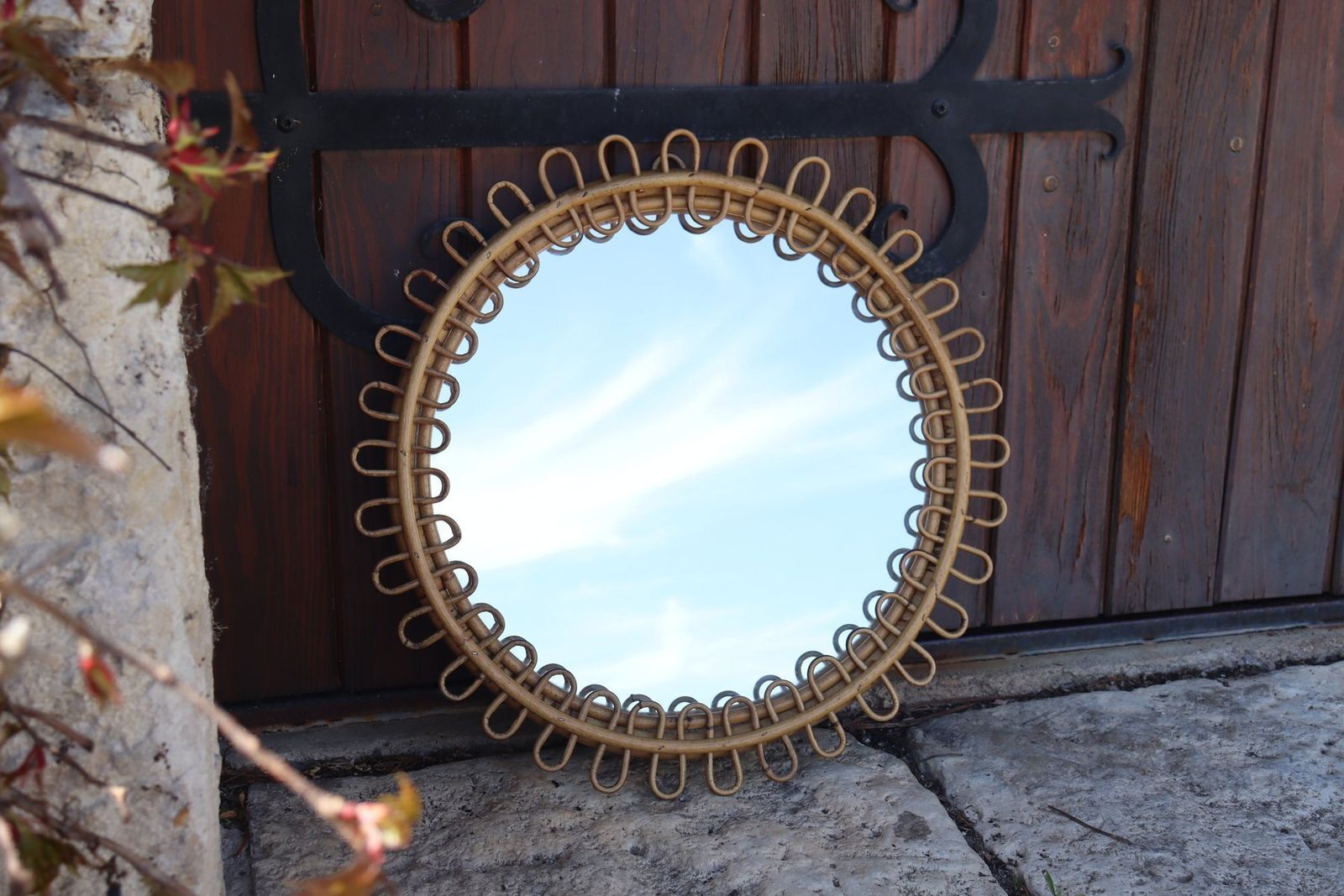 Round Rattan Mirror Attributed To Franco Albini, Italy, 1950s