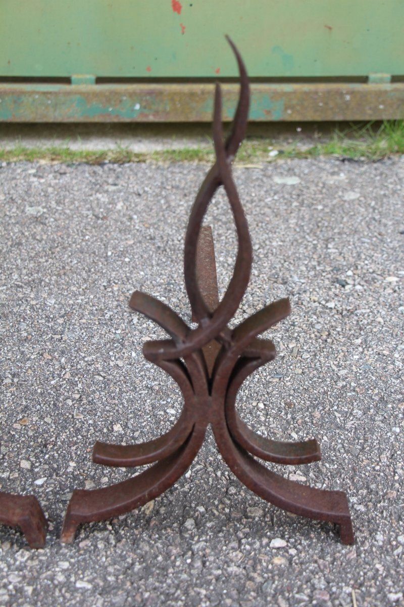 Flame Andirons Attributed To Raymond Subes, 1930s, Set Of 2 photo for sale