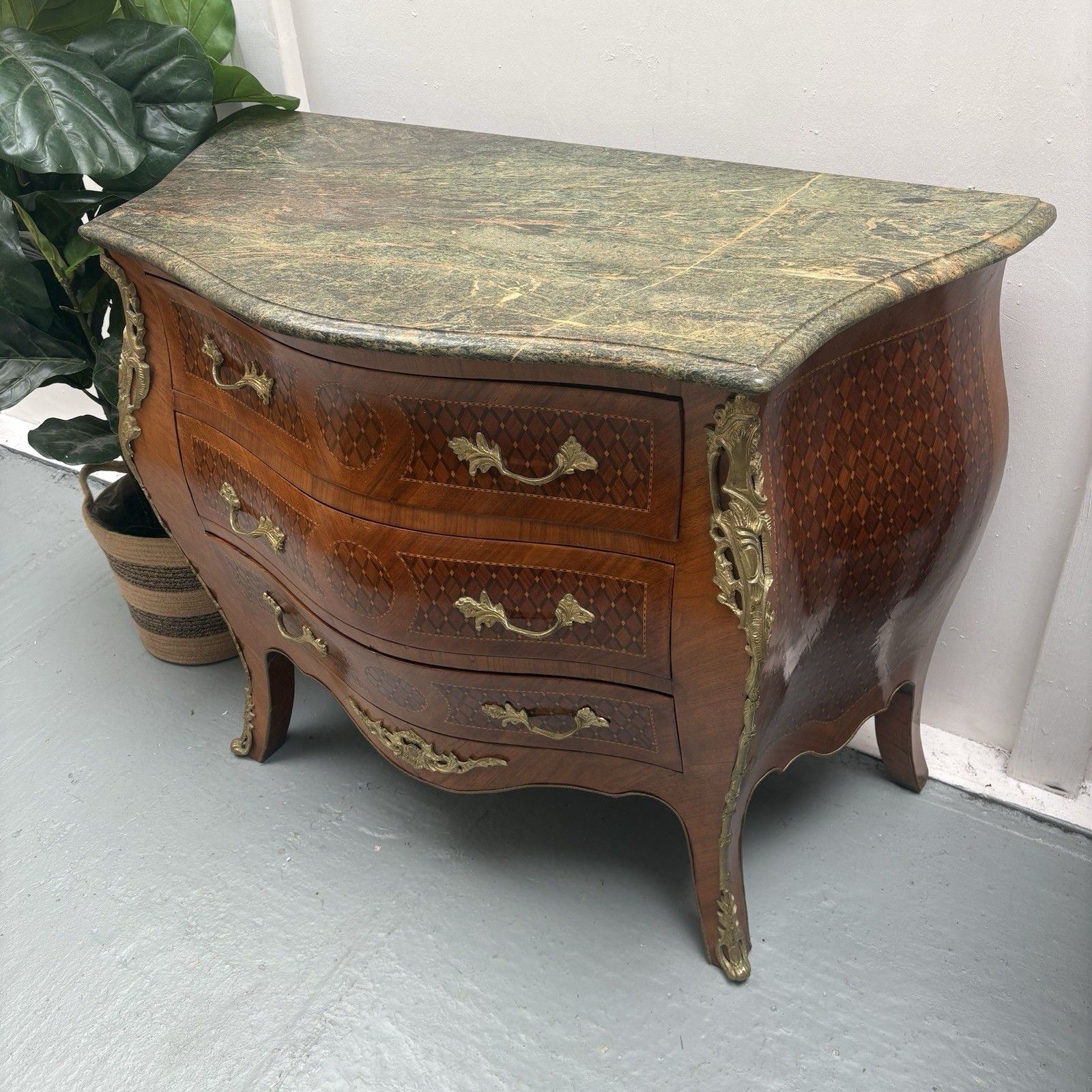 Antique French Louis XV Style Marble Top Bombe Commode Chest Of Three Drawers photo Furniture